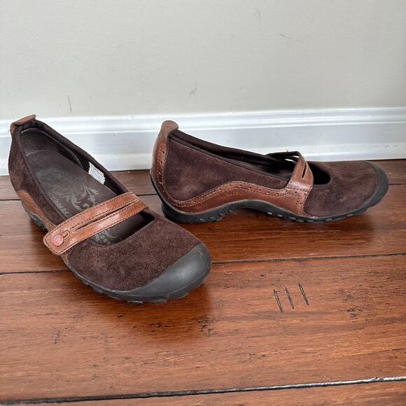 Merrell Plaza Bandeau Espresso Mary Jane Shoes Flats Brown Suede Leather Sz 8.5 - Picture 1 of 8